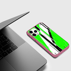 Чехол iPhone 11 Pro матовый Black and white vertical stripes on a green backgr, цвет: 3D-малиновый — фото 2