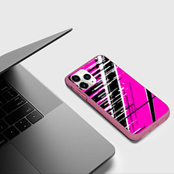Чехол iPhone 11 Pro матовый Чёрно-белые глитч полосы на розовом фоне, цвет: 3D-малиновый — фото 2