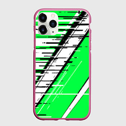 Чехол iPhone 11 Pro матовый Чёрно-белые глитч полосы на зелёном фоне, цвет: 3D-малиновый