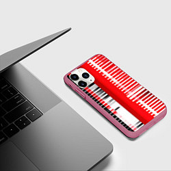 Чехол iPhone 11 Pro матовый Белые полосы на чёрно-красном фоне, цвет: 3D-малиновый — фото 2