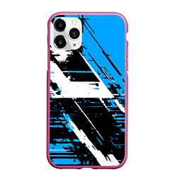 Чехол iPhone 11 Pro матовый Diagonal black and white stripes on a blue backgro, цвет: 3D-малиновый