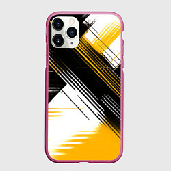 Чехол iPhone 11 Pro матовый Диагональные жёлто-чёрные линии на белом фоне, цвет: 3D-малиновый