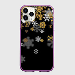 Чехол iPhone 11 Pro матовый Снежинки объемные золотистые, цвет: 3D-фиолетовый
