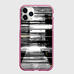 Чехол iPhone 11 Pro матовый Горизонтальные чёрные линии на бело-жёлтом фоне, цвет: 3D-малиновый