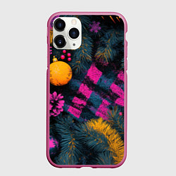 Чехол iPhone 11 Pro матовый Новый год - фиолетовая краска, цвет: 3D-малиновый