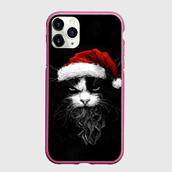 Чехол iPhone 11 Pro матовый Суровый кот в новогодней шапке - нейросеть, цвет: 3D-малиновый