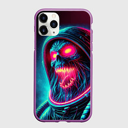 Чехол iPhone 11 Pro матовый Скелет погибшего космонавта - неоновое свечение, цвет: 3D-фиолетовый
