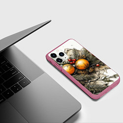 Чехол iPhone 11 Pro матовый Желтые новогодние шары и шишки, цвет: 3D-малиновый — фото 2