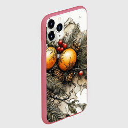 Чехол iPhone 11 Pro матовый Желтые новогодние шары и шишки, цвет: 3D-малиновый — фото 2