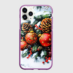 Чехол iPhone 11 Pro матовый Новогодние игрушки и рябина, цвет: 3D-фиолетовый
