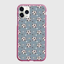 Чехол iPhone 11 Pro матовый Футбольные мячи и звезды на голубом, цвет: 3D-малиновый