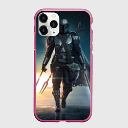 Чехол iPhone 11 Pro матовый Мандалорец с Грогу идут в бой, цвет: 3D-малиновый