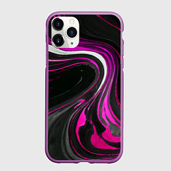 Чехол iPhone 11 Pro матовый Волнистые бело-розовые линии на чёрном фоне, цвет: 3D-фиолетовый