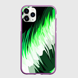 Чехол iPhone 11 Pro матовый Зелёно-белая абстракция на чёрном фоне, цвет: 3D-фиолетовый