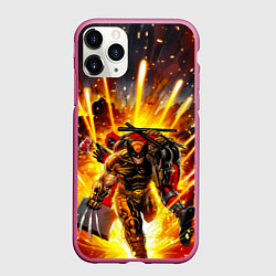 Чехол iPhone 11 Pro матовый Дэдпул и Росомаха при взрыве, цвет: 3D-малиновый