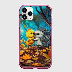Чехол iPhone 11 Pro матовый Милые ежик с цыпленком в осеннем лесу, цвет: 3D-малиновый