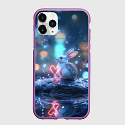 Чехол iPhone 11 Pro матовый Заяц с неоновым сердцем 14 февраля, цвет: 3D-фиолетовый