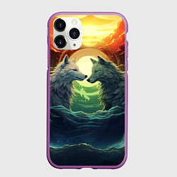Чехол iPhone 11 Pro матовый Влюбленные волки полнолуние, цвет: 3D-фиолетовый