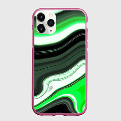 Чехол iPhone 11 Pro матовый Волнистые горизонтальные чёрно-зелёные полосы на б, цвет: 3D-малиновый