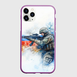 Чехол iPhone 11 Pro матовый Русский солдат и флаг России, цвет: 3D-фиолетовый
