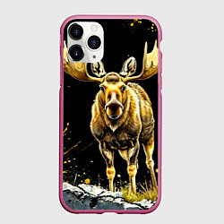 Чехол iPhone 11 Pro матовый Лось на черном, цвет: 3D-малиновый
