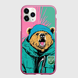 Чехол iPhone 11 Pro матовый Злой медведь в зимней одежде, цвет: 3D-малиновый