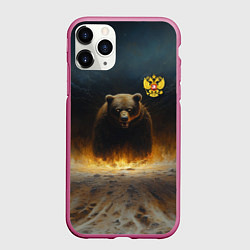 Чехол iPhone 11 Pro матовый Русский медведь в огненном поле, цвет: 3D-малиновый