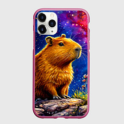 Чехол iPhone 11 Pro матовый Капибара и звездная ночь, цвет: 3D-малиновый