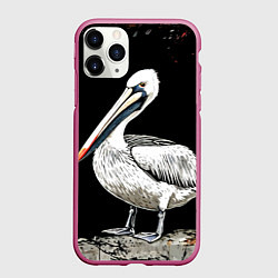 Чехол iPhone 11 Pro матовый Пеликан на черном, цвет: 3D-малиновый
