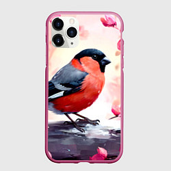 Чехол iPhone 11 Pro матовый Снегирь в цветах, цвет: 3D-малиновый