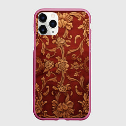 Чехол iPhone 11 Pro матовый Золотистые цветы узоры ковра, цвет: 3D-малиновый