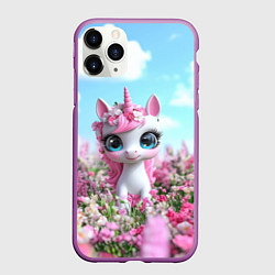 Чехол iPhone 11 Pro матовый Единорожка в цветочках, цвет: 3D-фиолетовый
