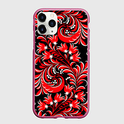 Чехол iPhone 11 Pro матовый Хохлома - красная роспись, цвет: 3D-малиновый