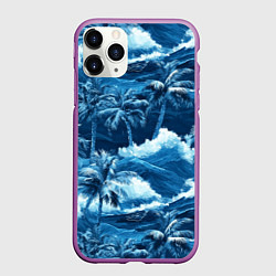 Чехол iPhone 11 Pro матовый Пальмы и волны - голубые оттенки паттерн, цвет: 3D-фиолетовый