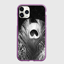 Чехол iPhone 11 Pro матовый Изогнутые белые перья павлина - чб иллюстрация, цвет: 3D-фиолетовый