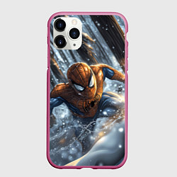 Чехол iPhone 11 Pro матовый Человек-паук в зимнем лесу, цвет: 3D-малиновый
