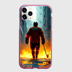 Чехол iPhone 11 Pro матовый Хоккеист в огне, цвет: 3D-малиновый