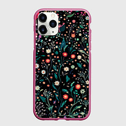 Чехол iPhone 11 Pro матовый Цветочный мелкий паттерн чёрный, цвет: 3D-малиновый