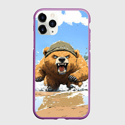 Чехол iPhone 11 Pro матовый Медведь бежит среди волн, цвет: 3D-фиолетовый