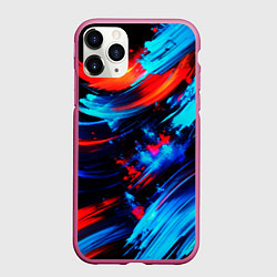Чехол iPhone 11 Pro матовый Синие и красные мазки краски на черном, цвет: 3D-малиновый
