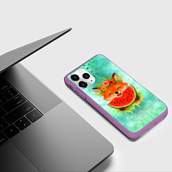 Чехол iPhone 11 Pro матовый Веселая лисичка ест арбуз, цвет: 3D-фиолетовый — фото 2