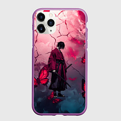 Чехол iPhone 11 Pro матовый Одинокий самурай среди бабочек, цвет: 3D-фиолетовый