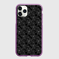 Чехол iPhone 11 Pro матовый Цветочный рисунок пером на черном, цвет: 3D-фиолетовый