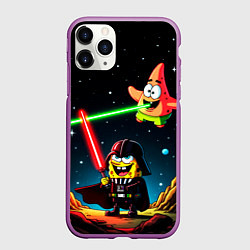 Чехол iPhone 11 Pro матовый Спанч Боб и Патрик в космосе, цвет: 3D-фиолетовый