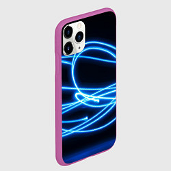 Чехол iPhone 11 Pro матовый Неоновые голубые волны на черном фоне, цвет: 3D-фиолетовый — фото 2