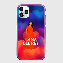 Чехол iPhone 11 Pro матовый Lana Del Rey на фоне сердечек, цвет: 3D-фиолетовый