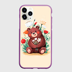 Чехол iPhone 11 Pro матовый Мишаня с букетом, цвет: 3D-фиолетовый