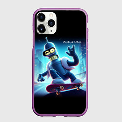 Чехол iPhone 11 Pro матовый Bender is a skateboarder in neon street - ai art, цвет: 3D-фиолетовый
