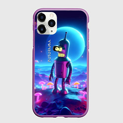 Чехол iPhone 11 Pro матовый Bender bending robot on the neon mushrooms planet, цвет: 3D-фиолетовый