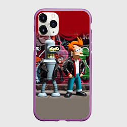 Чехол iPhone 11 Pro матовый Bender bending robot and Fry - ai art graffiti, цвет: 3D-фиолетовый